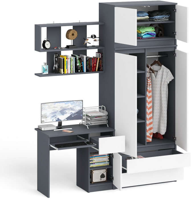 Мори компьютерный стол МС-1 правый + Шкаф МШ900.1 + Антресоль МА900.1 + Полка 900, графит/белый