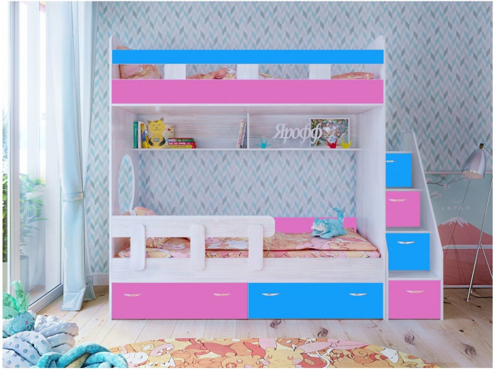 Двухъярусная кровать Юниор 1 + бортик Юниор (Белое дерево/Лайм / Ирис)