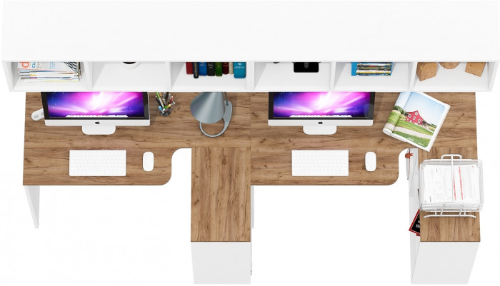Лидер-8 Стол + Полка + Стол + Полка, цвет белый шагрень/крафт золото, ШхГхВ 330х50/30х75/190 или 230х50/80х75/190 см., НЕ универсальная сборка