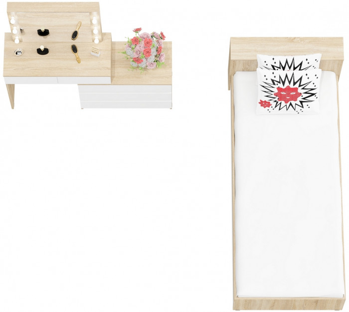 Ксения Кровать с ящиками 0900 + Стол косметический с подсветкой 110, дуб сонома/белый