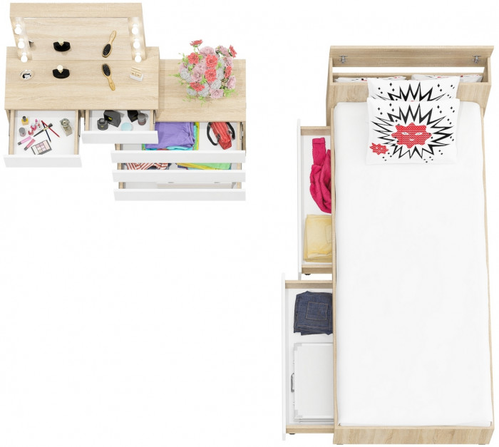 Ксения Кровать с ящиками 0900 + Стол косметический с подсветкой 110, дуб сонома/белый