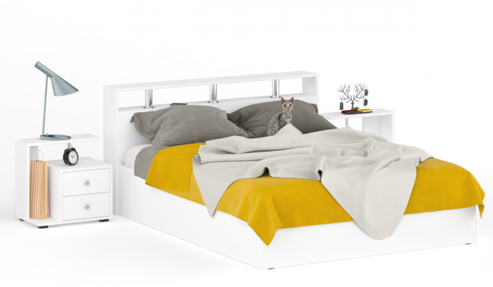 Камелия Кровать 1600 + две тумбы, цвет белый, ШхГхВ 276х217х78,2 см., сп.м. 1600х2000 мм., без матраса, основание есть