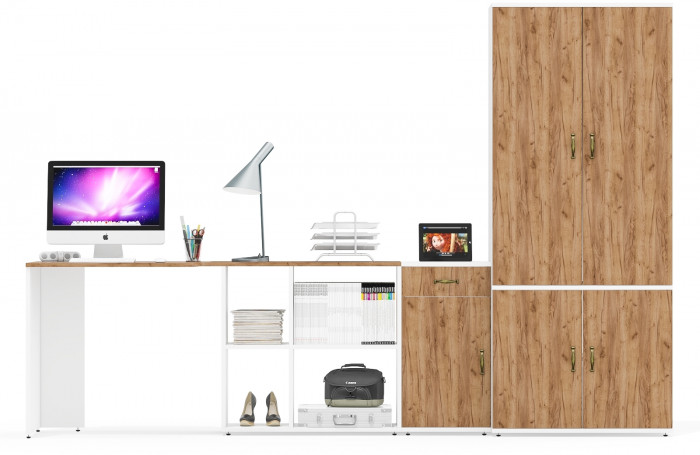 Лидер-8 Стол + Тумба МД 3.15 + Шкаф МД 20Б, белый шагрень/крафт золото