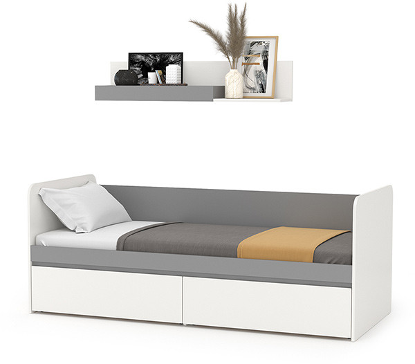 Торонто 11.39 Кровать + 16.475 Полка, цвет белый шагрень/стальной серый, ШхГхВ 194х84,4х150 см., сп. м. 800х1900 мм., б/м, основание есть