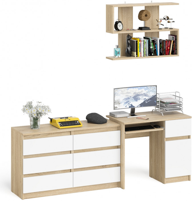 Мори Стол компьютерный МС-1 правый + Комод МК1200.6 + Полка 900, цвет дуб сонома/белый, ШхГхВ 210,4х50х209,6 см., НЕ универсальная сборка
