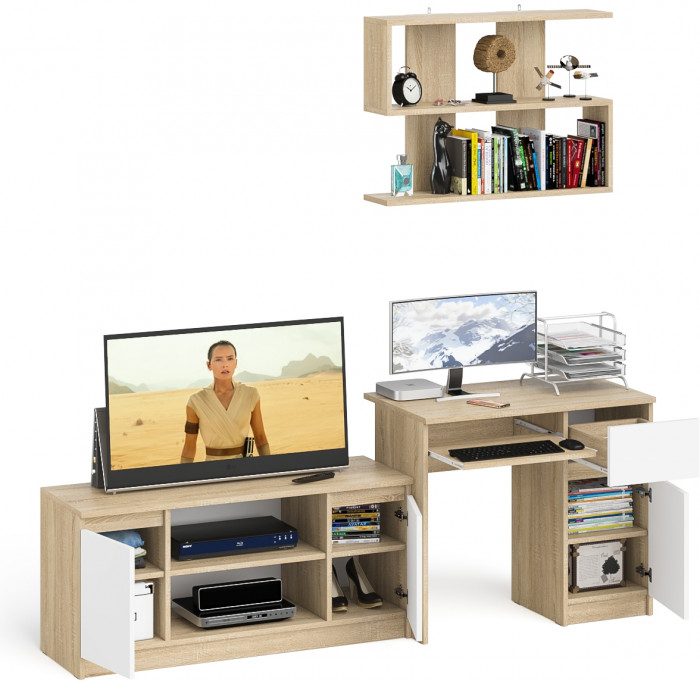 Мори Стол компьютерный МС-1 правый + Тумба МТВ1200.1 + Полка 900, цвет дуб сонома/белый, ШхГхВ 210,4х50х209,6 см., НЕ универсальная сборка