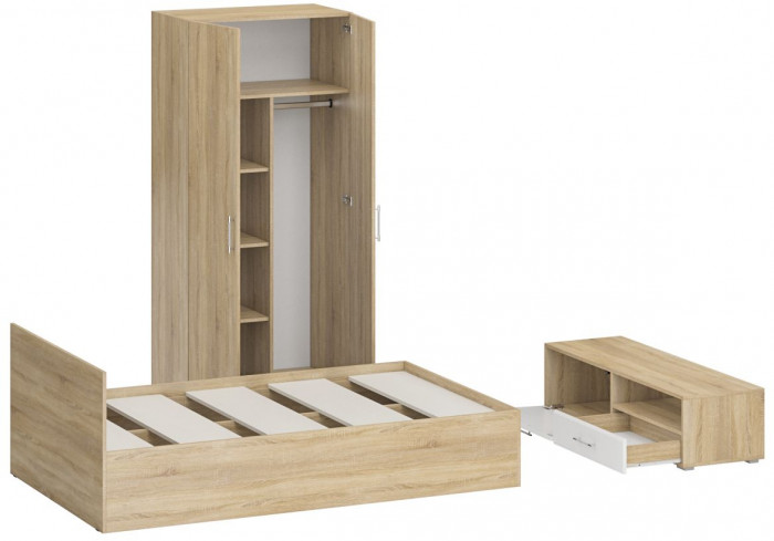 Спальня Стандарт 3-1200, дуб сонома/фасады ТВ тумбы МДФ белый глянец