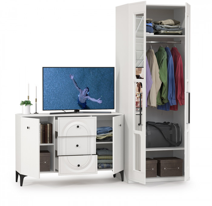 Валенсия Спальня 13.309 Комод + 13.329 Шкаф для одежды, ЛДСП белый шагрень/МДФ белый шагрень