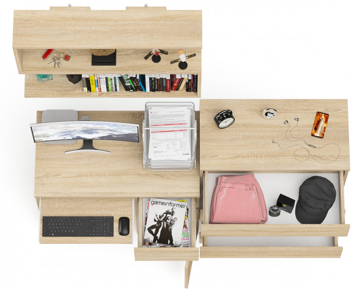 Мори компьютерный стол МС-1 правый + Комод МК800.4 + Полка 900, дуб сонома