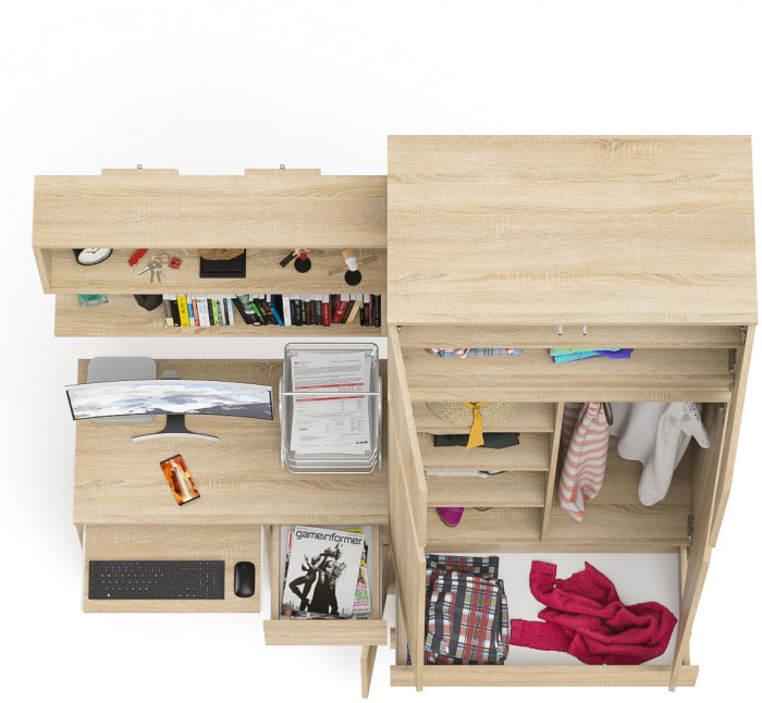 Мори компьютерный стол МС-1 правый + Шкаф МШ900.1 + Антресоль МА900.1 + Полка 900, дуб сонома