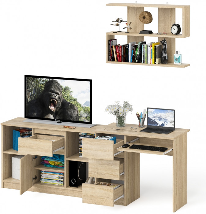Мори компьютерный стол МС-6 левый + Тумба МТВ1204.1 + Полка 900, дуб сонома