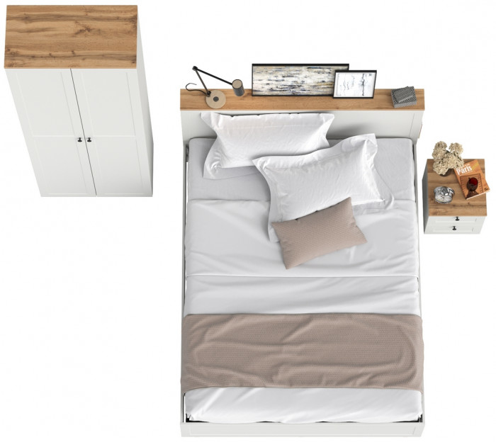 Остин 11.53 Кровать + ортопед + 16.307 Шкаф + 16.152 Тумба прикроватная, белый шагрень/дуб крафт золотой