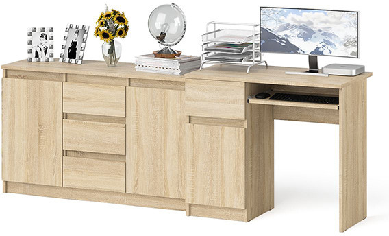 Мори Стол компьютерный МС-1 левый + Комод МК1200.3, цвет дуб сонома, ШхГхВ 210,4х50х76,6 см., выдвижной ящик слева, НЕ универсальная сборка