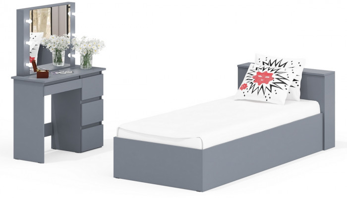 Ксения Кровать с ящиками 0900 + Стол косметический с подсветкой Сура, графит