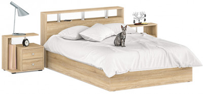 Камелия Кровать 1400 + две тумбы, цвет дуб сонома, ШхГхВ 256х217х78,2 см., сп.м. 1400х2000 мм., без матраса, основание есть