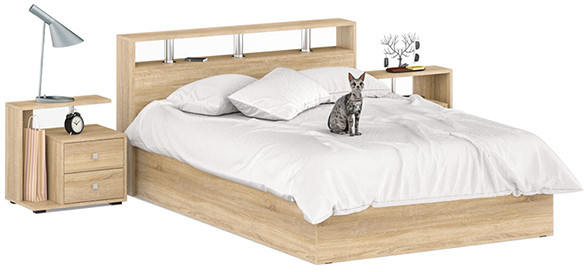 Камелия Кровать 1400 + две тумбы, цвет дуб сонома, ШхГхВ 256х217х78,2 см., сп.м. 1400х2000 мм., без матраса, основание есть