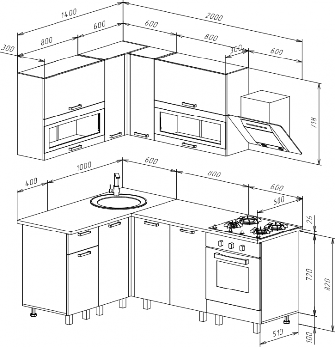 Кухня Техно 1,4*2,0м Компоновка №2, Белый/Холст улканический