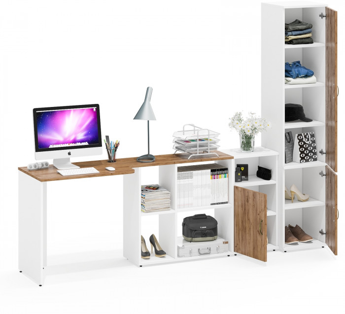 Лидер-8 Стол + Тумба МД 3.19 + Пенал МД 22Б, белый шагрень/крафт золото