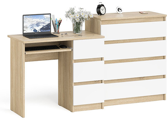 Мори компьютерный стол МС-6 правый + Комод МК800.4, дуб сонома/белый