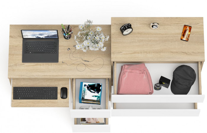 Мори компьютерный стол МС-6 правый + Комод МК800.4, дуб сонома/белый