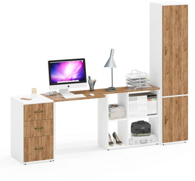 Лидер-8 Стол + Тумба МД 3.16 + Пенал МД 21Б, белый шагрень/крафт золото