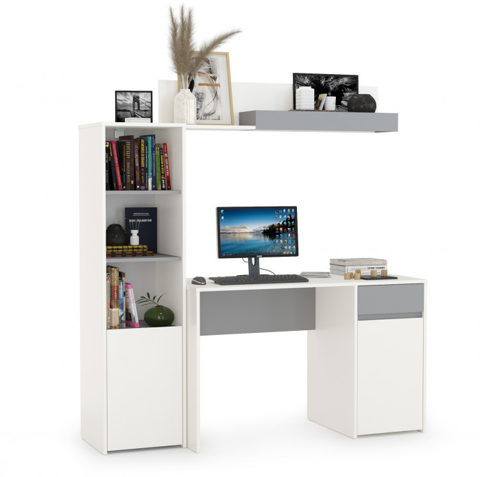 Торонто 12.149 Стол + 13.13 Шкаф комбинированный + 16.475 Полка, цвет белый шагрень/стальной серый, ШхГхВ 160х53,1х174 см., универсальная сборка
