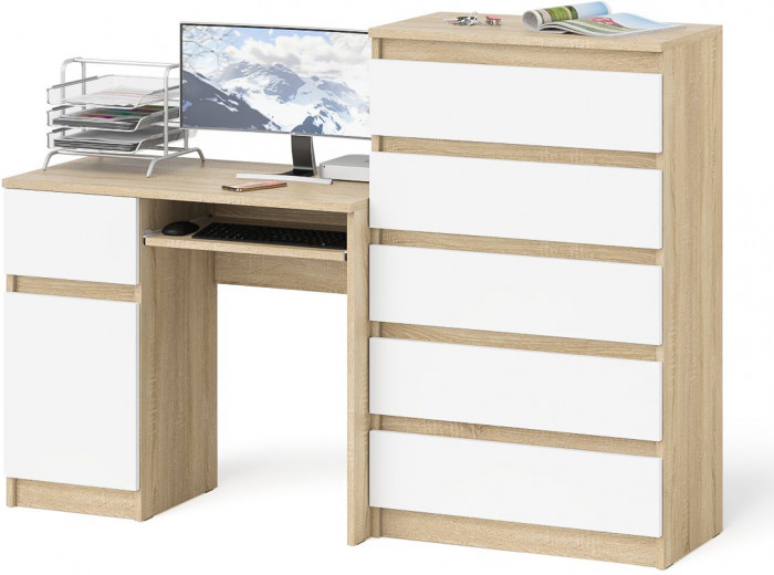 Мори компьютерный стол МС-1 левый + Комод МК700.5, дуб сонома/белый