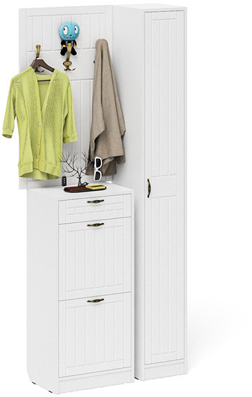 Прихожая П-6 Компоновка № 24, цвет белая шагрень/фасады МДФ белое дерево фрезеровка прованс, ШхГхВ 90х35х220 см., универсальная сборка