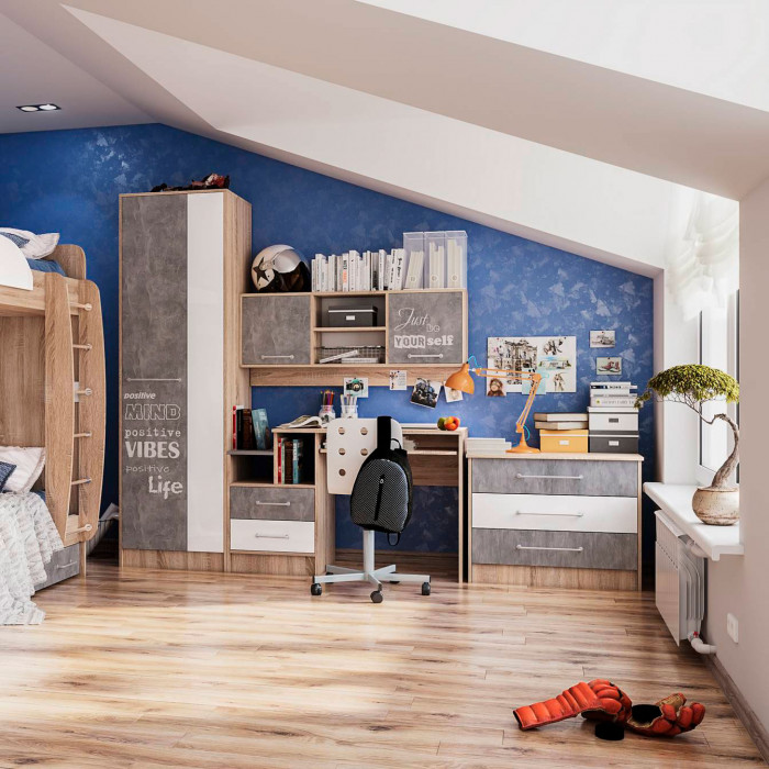 Спальня Колибри Лофт стол дуб сонома/ателье светлое+акрил белый