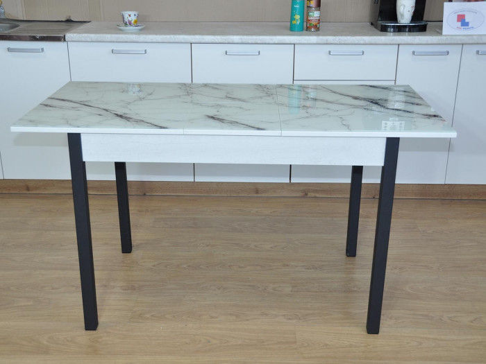 Альфа фотопечать стол обеденный раздвижной / белый мрамор/бетон белый/черный