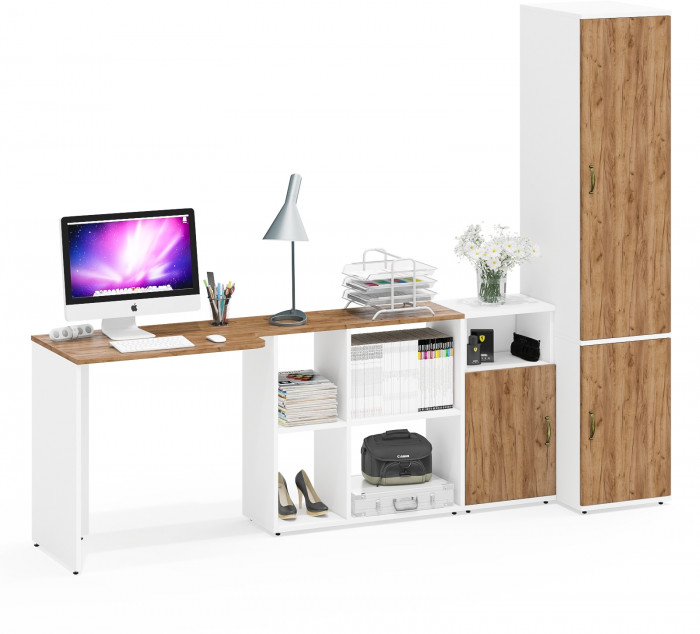 Лидер-8 Стол + Тумба МД 3.19 + Пенал МД 23Б, белый шагрень/крафт золото