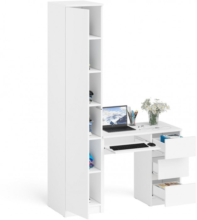 Мори компьютерный стол МС-6 правый + Пенал МШ400.1, белый