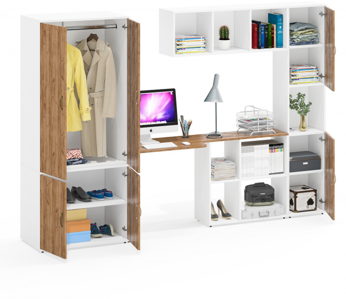 Лидер-8 Шкаф МД 19Б + Стол + Полка + Пенал, цвет белый шагрень/крафт золото, ШхГхВ 285х50/30х75/190 или 195х120х75/190 см., НЕ ун.сб.