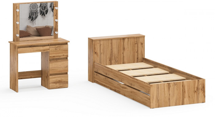 Ксения Кровать с ящиками 0900 + Стол косметический с подсветкой Сура, дуб вотан
