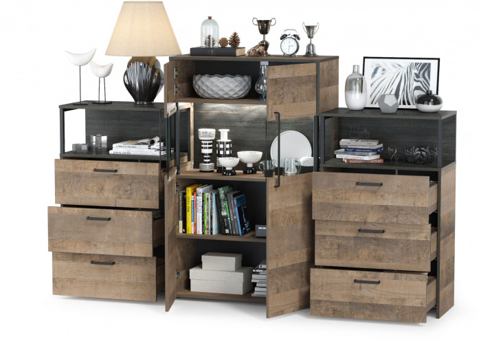 Трувор 13.306 Комод с витриной + 13.307.02 Комод с ящиками + 13.307.02 Комод с ящ., цвет дуб гранж песочный/интра, ШхГхВ 217,8х37х135,3 см., ун. сб.