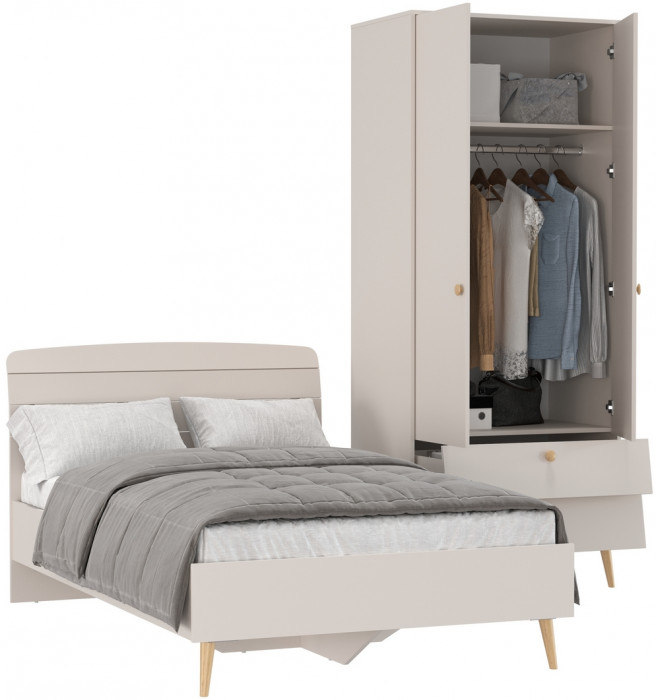 Афина Спальня Кровать 1200 + Шкаф 2-х дверный, цвет кашемир серый, ШхГхВ 123,6х210,2х95,7 + 90,3х56,3х220 см., сп.м. 1200х2000 мм., б/м, осн. есть
