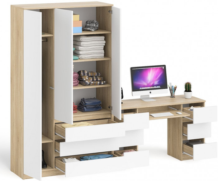 Мори компьютерный стол МС-2 + Шкаф МШ1200.1, дуб сонома/белый