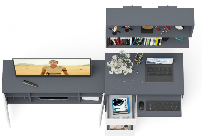 Мори Стол компьютерный МС-6 левый + Тумба МТВ1200.1 + Полка 900, цвет графит/белый, ШхГхВ 210,4х50х209,6 см., НЕ универсальная сборка