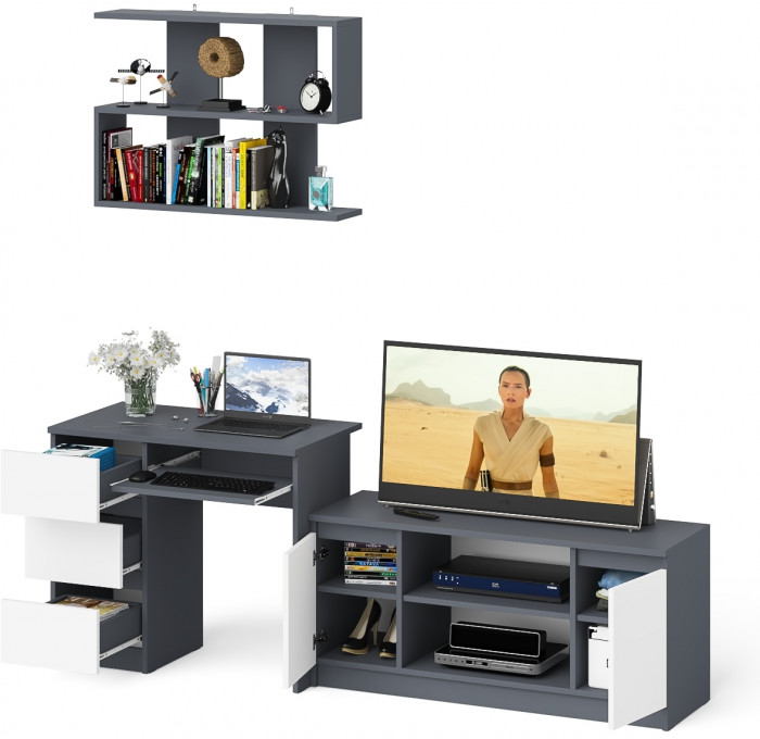 Мори Стол компьютерный МС-6 левый + Тумба МТВ1200.1 + Полка 900, цвет графит/белый, ШхГхВ 210,4х50х209,6 см., НЕ универсальная сборка
