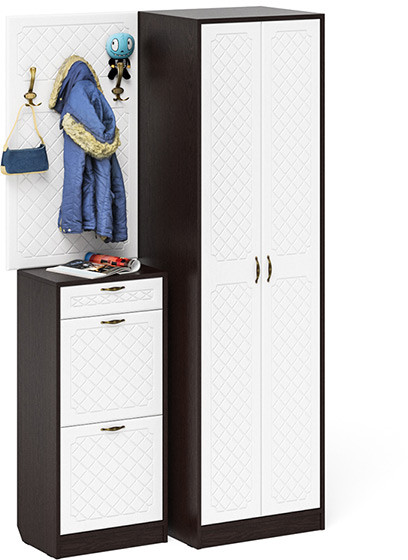 Прихожая П-6 Компоновка № 18, венге/фасады МДФ белое дерево фрезеровка ромб