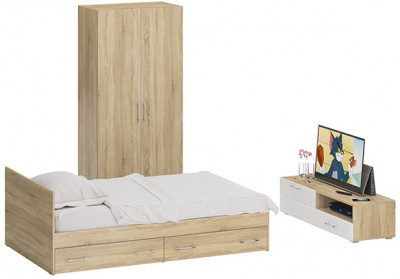 Спальня Стандарт 3-1200Я, дуб сонома/фасады ТВ тумбы МДФ белый глянец