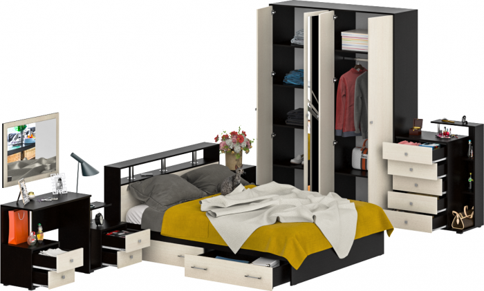 Камелия спальня № 10 Кровать с ящиками 1600 + Две тумбы + Стол косм. + Зеркало + Комод + Шкаф, венге/дуб лоредо