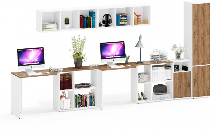 Лидер-8 Стол + Полка + Стол + Полка + Пенал МД 21Б + Тумба МД 3.19, белый шагрень/крафт золото