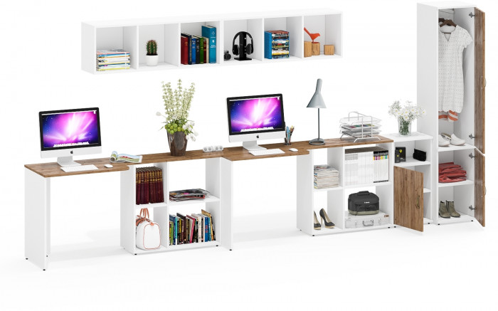 Лидер-8 Стол + Полка + Стол + Полка + Пенал МД 21Б + Тумба МД 3.19, белый шагрень/крафт золото