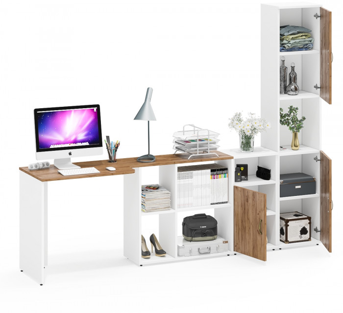 Лидер-8 Стол + Тумба МД 3.19 + Пенал, белый шагрень/крафт золото