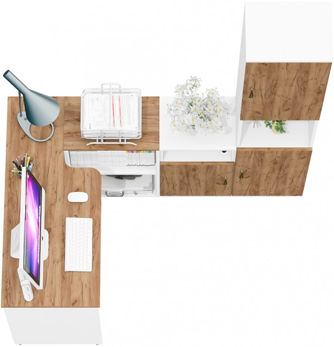 Лидер-8 Стол + Тумба МД 3.19 + Пенал, белый шагрень/крафт золото