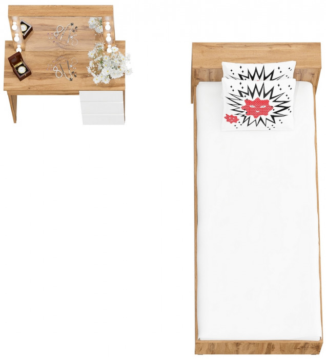 Ксения Кровать с ящиками 0900 + Стол косметический с подсветкой Сура, дуб вотан/белый