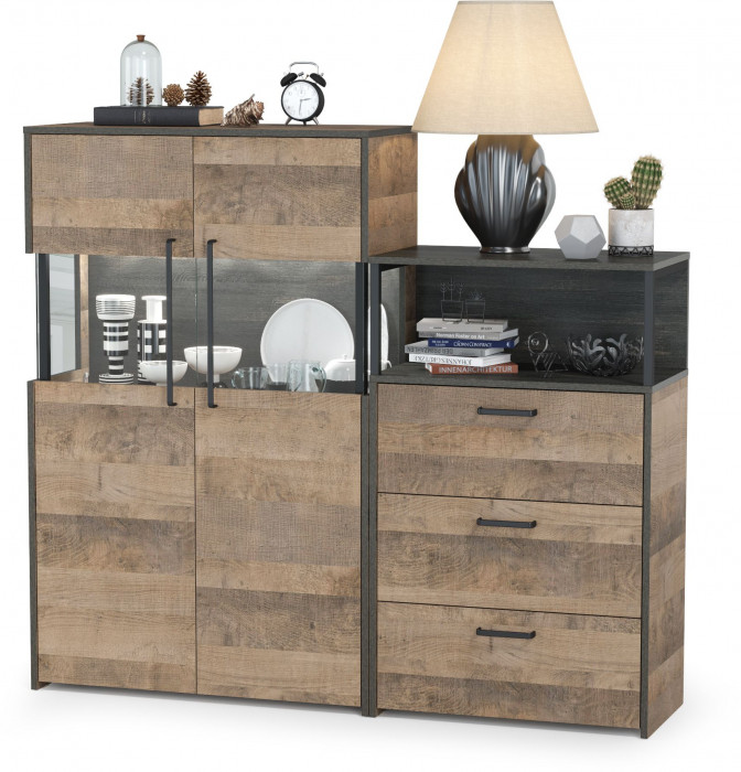 Трувор 13.306 Комод с витриной + 13.307.02 Комод с ящиками, цвет дуб гранж песочный/интра, ШхГхВ 151,8х37х135,3 см., универсальная сборка