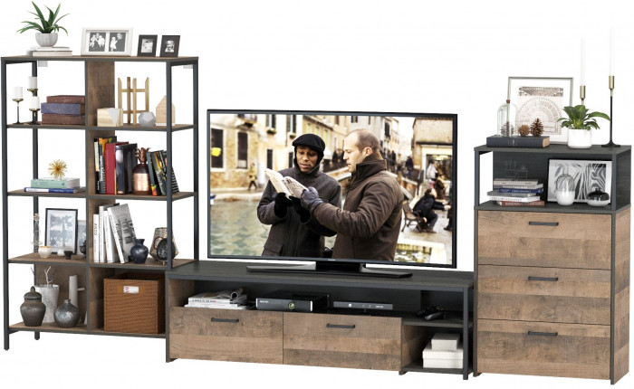 Трувор Гостиная 086, цвет дуб гранж песочный/интра, ШхГхВ 305,8х45,4х146 см., универсальная сборка