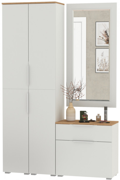 Октава Прихожая 43, цвет белый шагрень/дуб крафт золотой/фасады МДФ белый шагрень, ШхГхВ 129,3х35,4х197,6 см., универсальная сборка